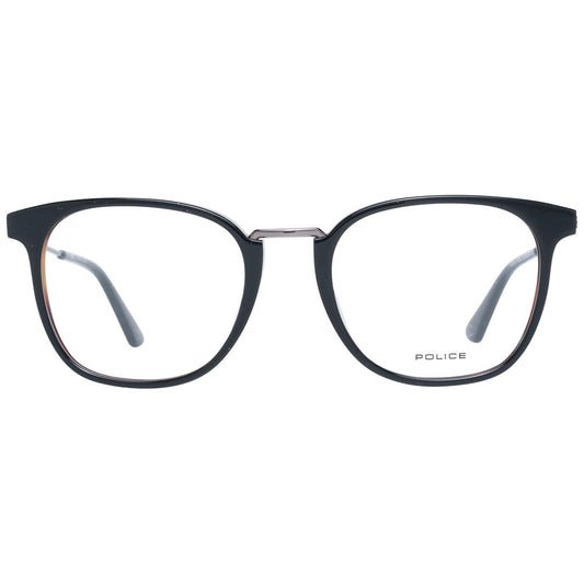 Police Black Men Glasses Frame with full-rim metal and plastic, round shape, size 51-20-145, includes branded case, black color.