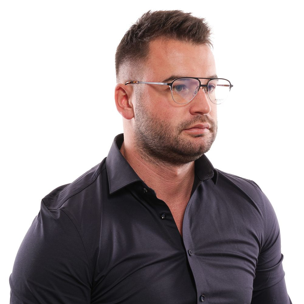 Man wearing Hackett Black Men Glasses Frame with blue-filter lenses.