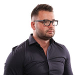 Man wearing Lozza Black Men Glasses Frame, full-rim plastic, 51-17-135 size, black color, no spring hinge. Includes branded case.