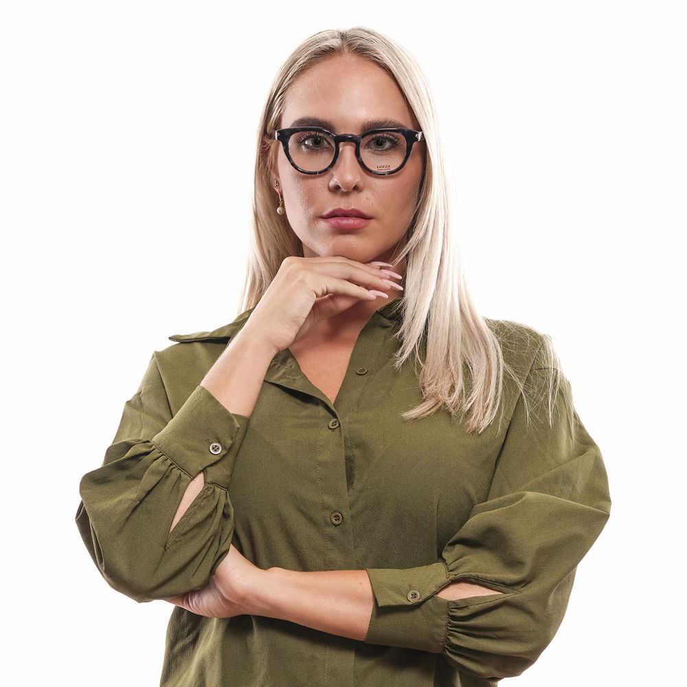 Person wearing Lozza Black Unisex Glasses Frame with green shirt, showcasing stylish eyewear with black full-rim plastic frames.