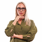 Person wearing Lozza Black Unisex Glasses Frame with green shirt, showcasing stylish eyewear with black full-rim plastic frames.