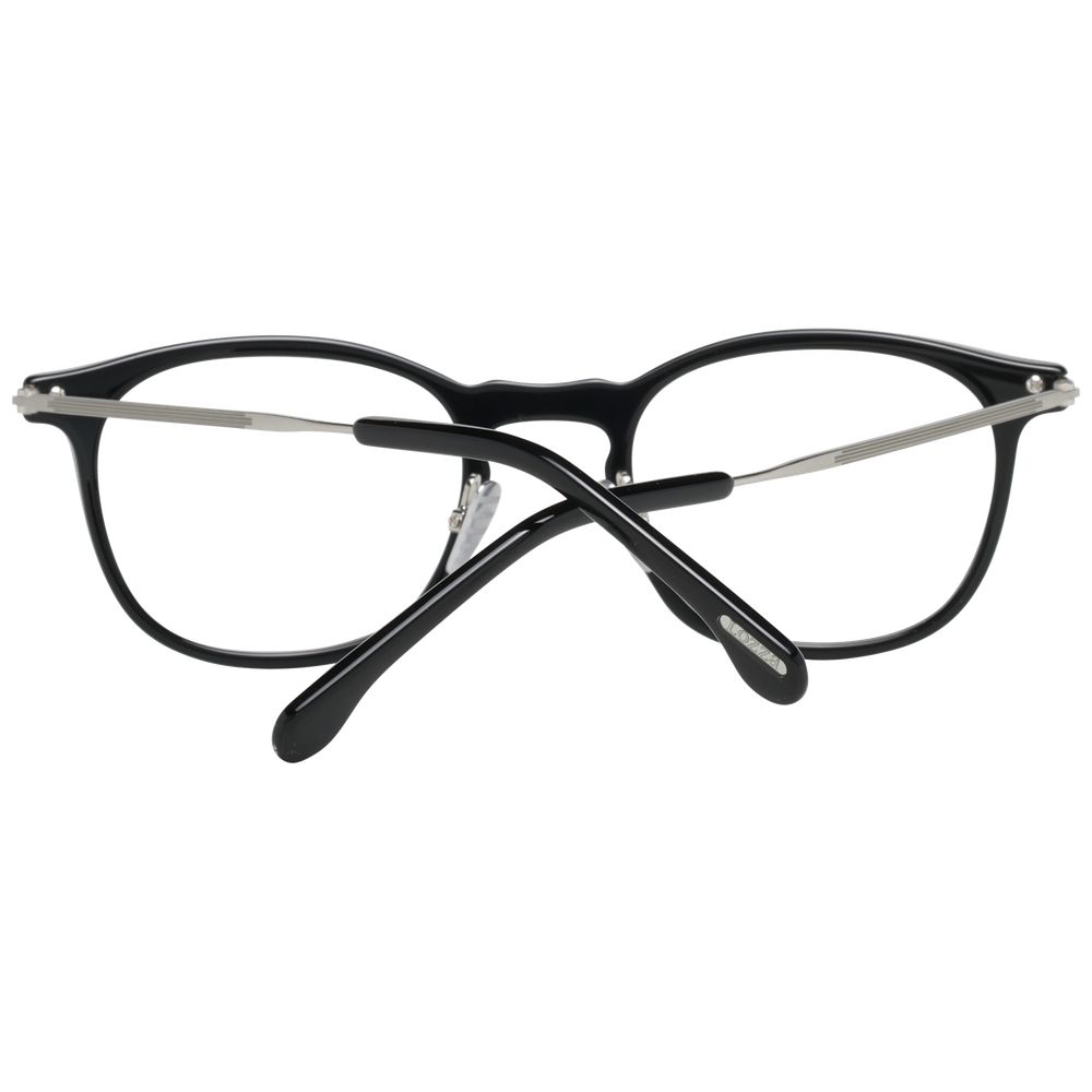 Lozza Black Men Glasses Frame, round full-rim design with black metal and plastic. Size 50-22-145, includes branded case.