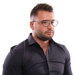 Man wearing Bally Black Men Glasses Frame with a black shirt.