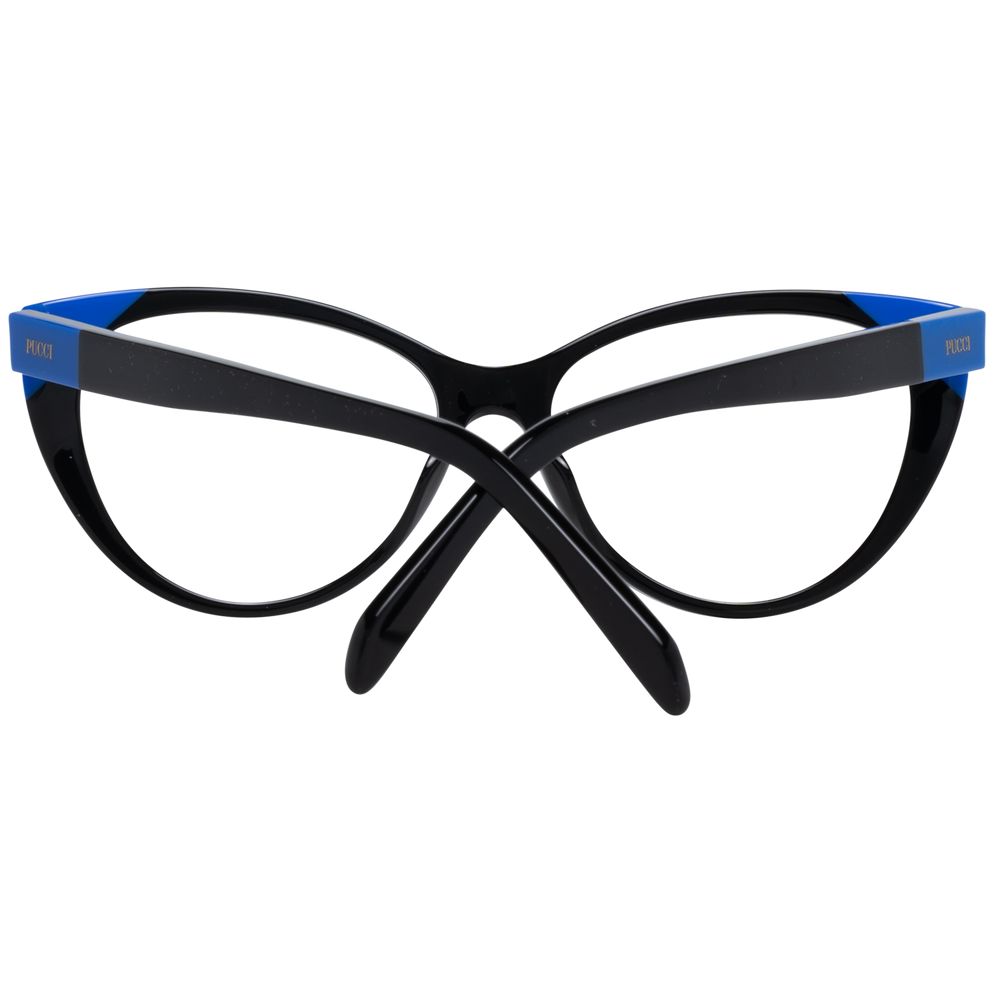 Emilio Pucci Black Women Glasses Frame, full-rim cat eye style with plastic frame, lenses width 54mm, sleek black frame with blue accents.
