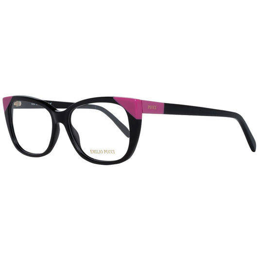 Emilio Pucci Black Women Glasses Frame, butterfly style, full-rim, plastic material, 54mm lenses, black and pink design.