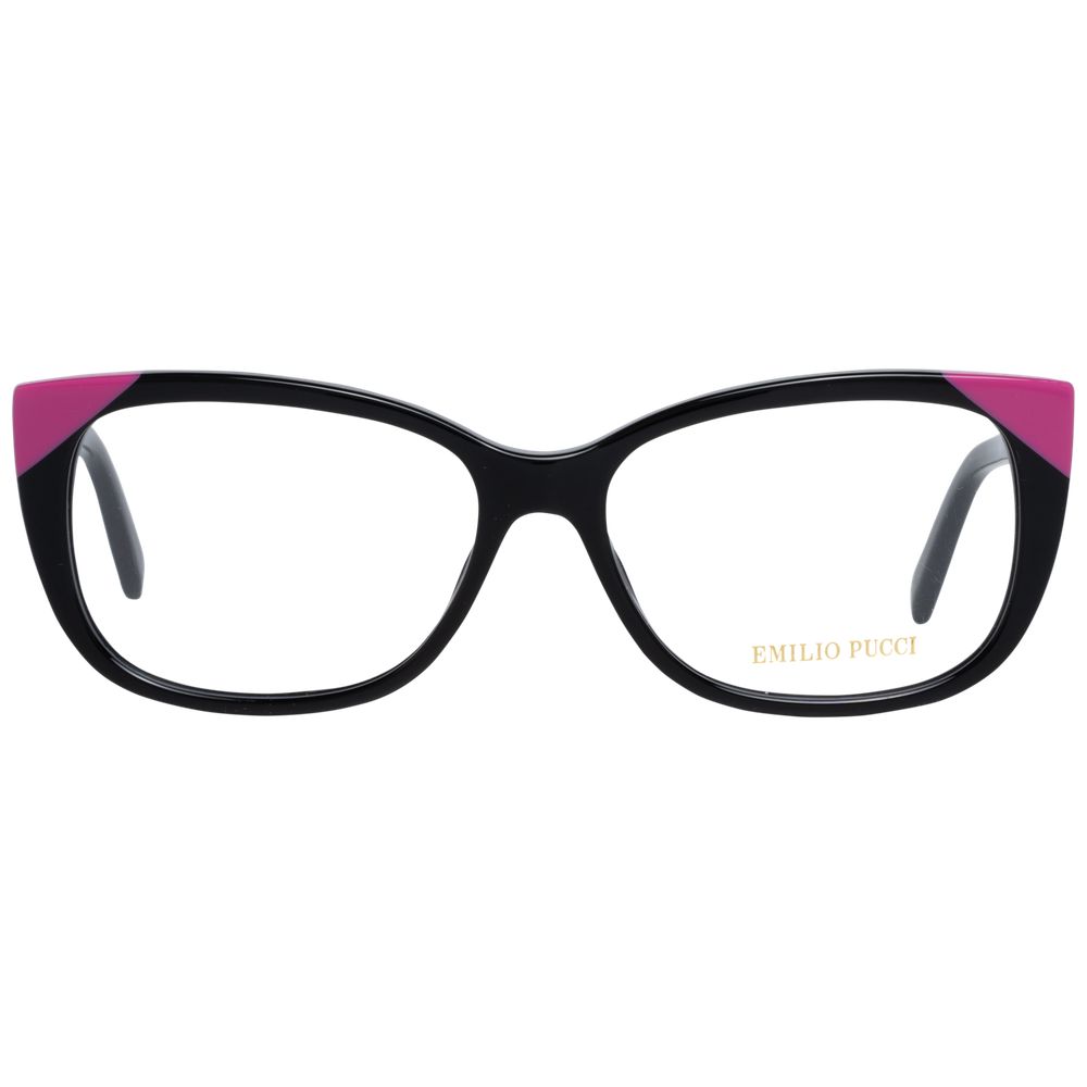 Emilio Pucci Black Women Glasses Frame, full-rim butterfly style, black and pink accents, plastic material, demo lenses.