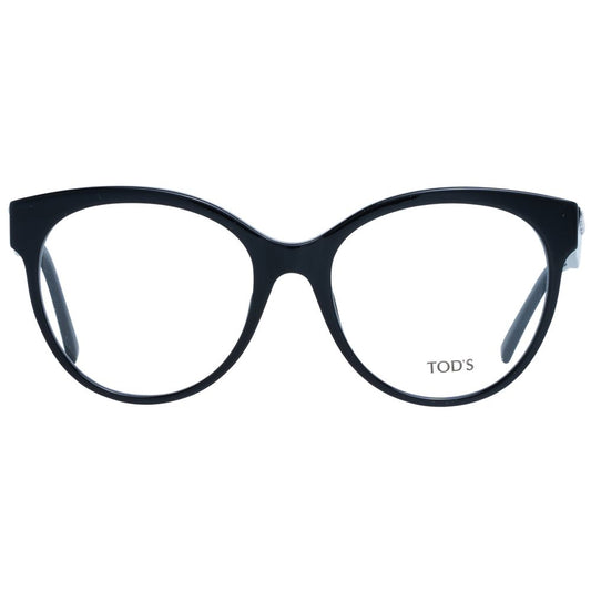 Alt Tag: Tod's Black Women Glasses Frame, black round full-rim plastic, size 55-18-140, includes branded case, stylish and elegant eyewear.