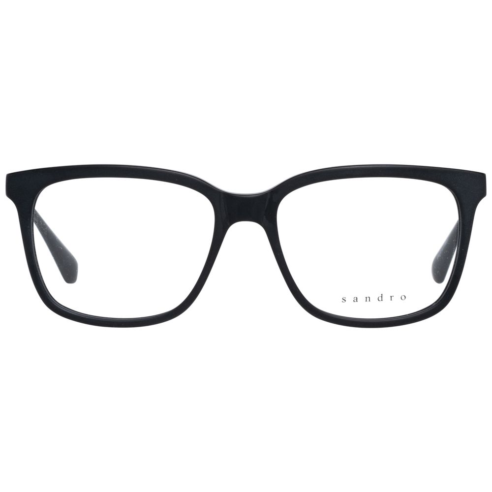 Sandro Black Men Glasses Frame with full-rim black plastic design, square lenses, size 53-16-145, includes branded case.