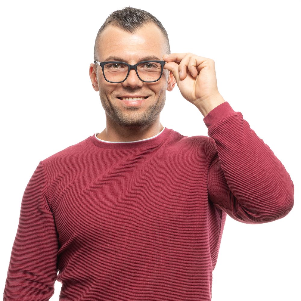 Man wearing Sandro Black Men Glasses Frame with a red sweater, showcasing the stylish square plastic design with a full-rim frame.