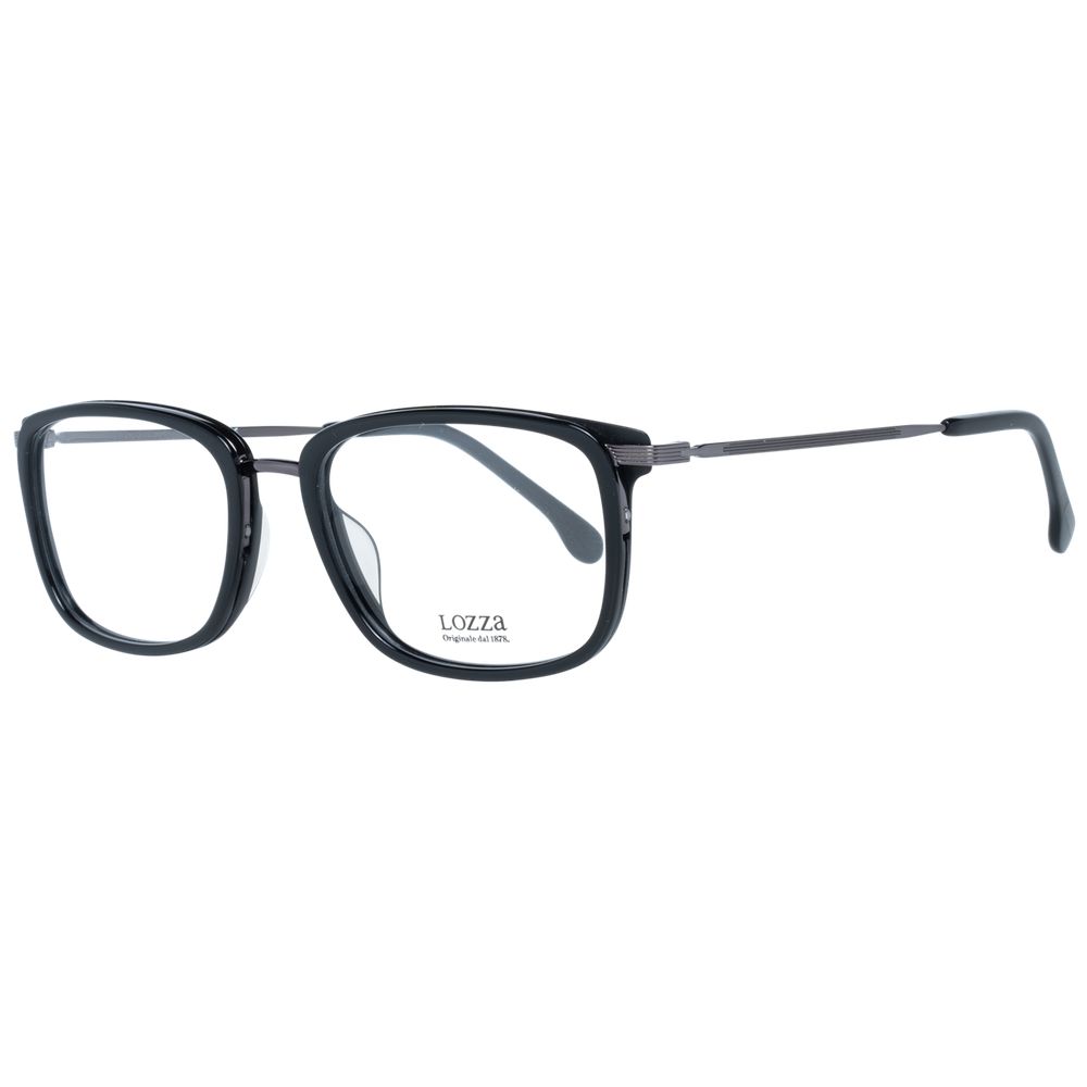 Lozza Black Men Glasses Frame, full-rim rectangle style, black plastic material with 140mm temples and demo lenses, includes branded case.
