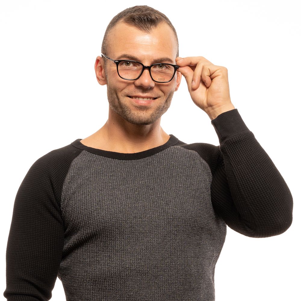 Man wearing Lozza Black Men Glasses Frame, showcasing full-rim, rectangle style with plastic lenses.