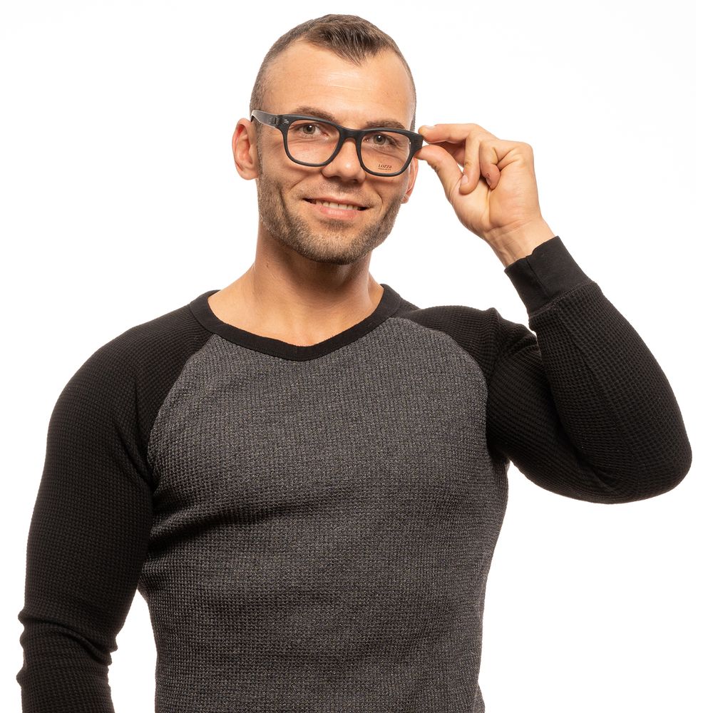 Man wearing Lozza Black Unisex Glasses Frame, full-rim trapezium style with plastic lenses.