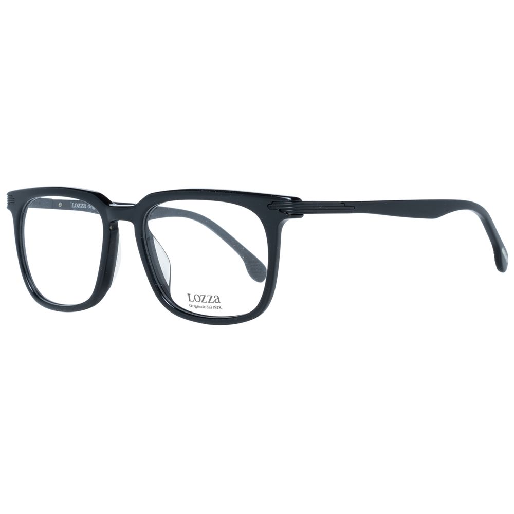Lozza Black Men Glasses Frame in full-rim rectangle style with spring hinge, black plastic material, size 51-18-140, includes branded case.