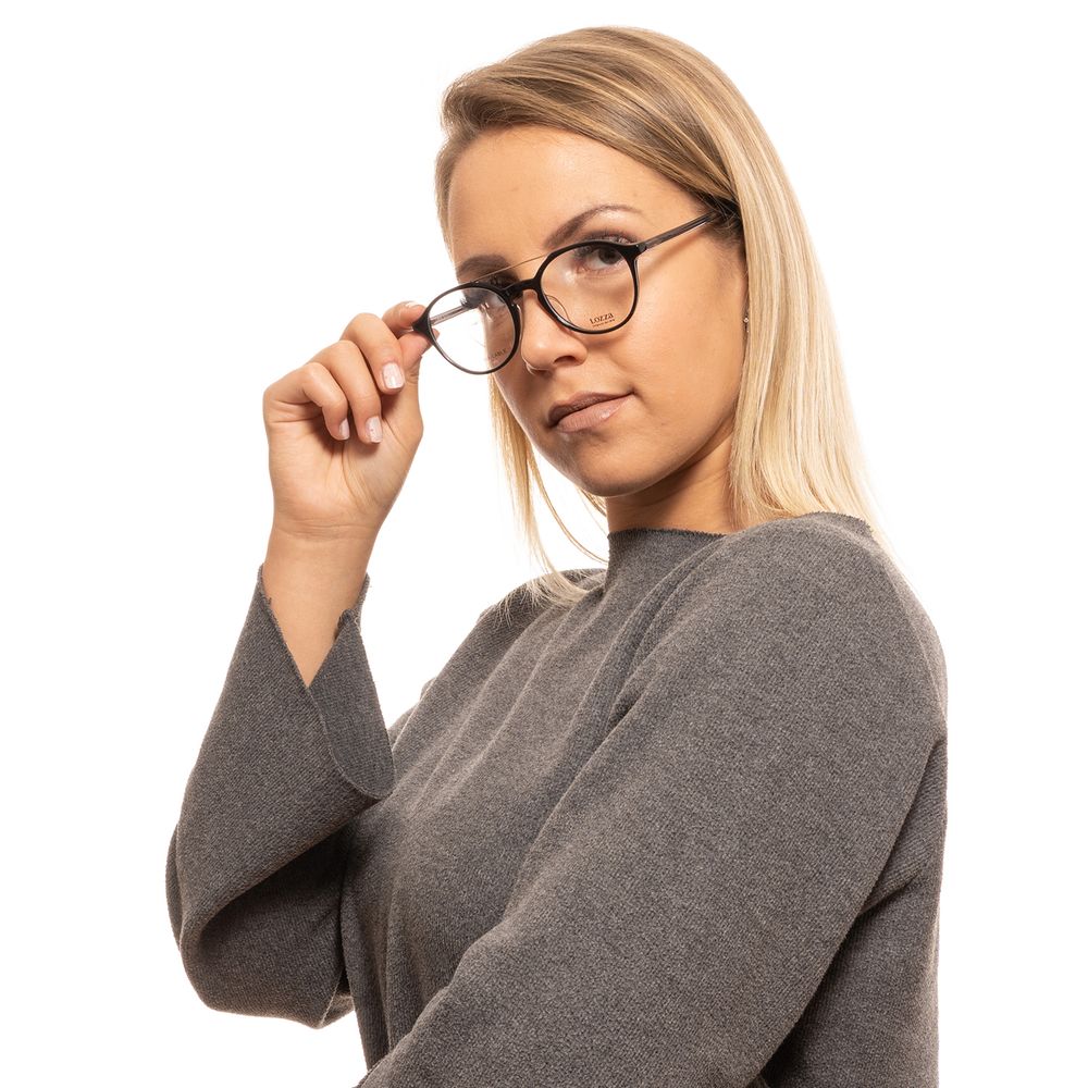 Person wearing Lozza Black Unisex Glasses Frame, stylish full-rim round eyewear in black metal and plastic.