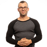 Man wearing Lozza Black Unisex Glasses Frame, showcasing full-rim round style with black metal-plastic frame and demo lenses.