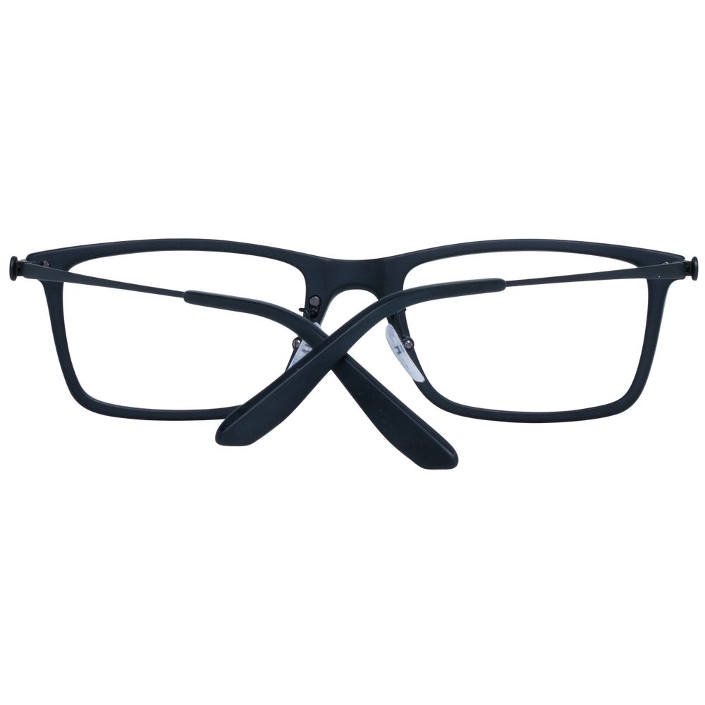 BMW Black Men Optical Frames with metal and plastic black trapezium full-rim design, demo lenses, 56-20-145 size, includes branded case.