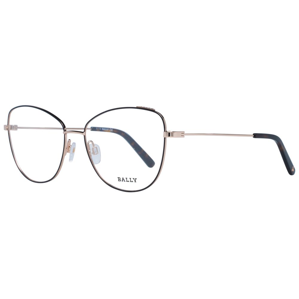 Bally Black Women Glasses Frame in cat eye style with full-rim black metal and plastic frame, demo plastic lenses, 56-16-140 size.