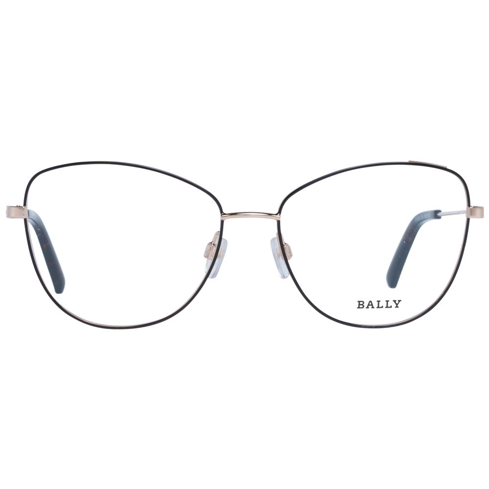 Bally Black Women Glasses Frame in cat eye style with full-rim design, metal and plastic construction, demo lenses, size 56-16-140.