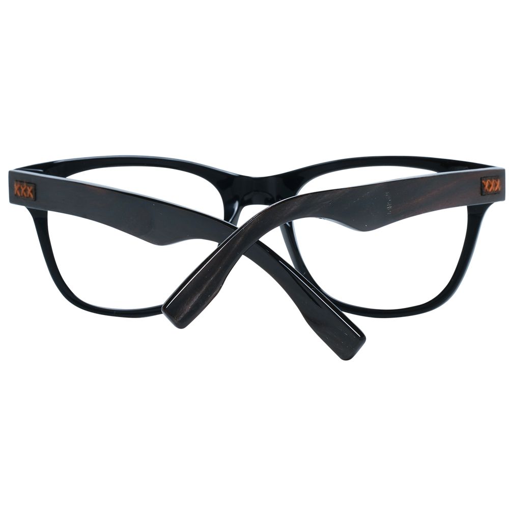 Ermenegildo Zegna Black Men Glasses Frame, trapezium style, full-rim black plastic frame with demo lenses, size 52-19-145, spring hinge.