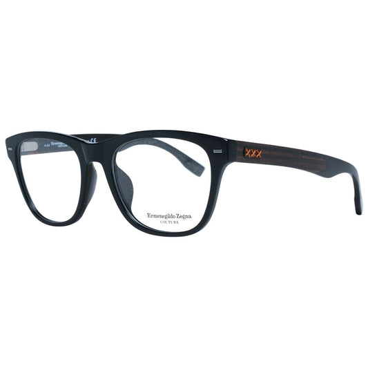 Ermenegildo Zegna Black Men Glasses Frame in black plastic full-rim, trapezium style with spring hinge, size 55-19-150.