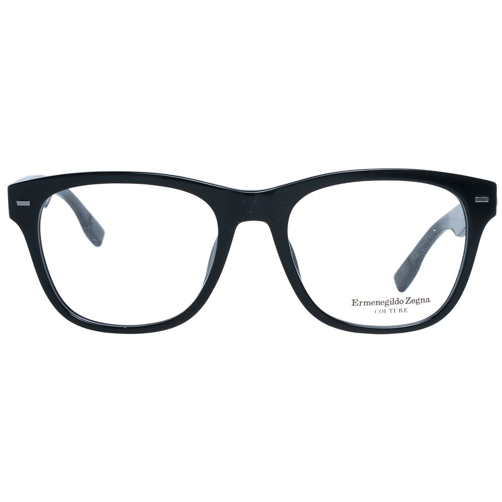 Ermenegildo Zegna Black Men Glasses Frame, full-rim, trapezium style, with spring hinge, plastic material, demo lenses, branded case included.