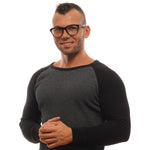 Man wearing Ermenegildo Zegna Black Men Glasses Frame with black full-rim trapezium design.