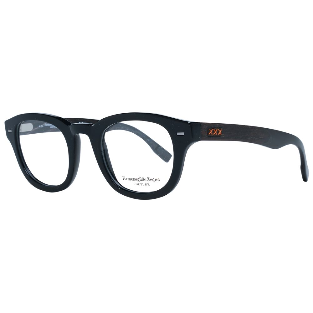Ermenegildo Zegna Black Men Glasses Frame, round plastic full-rim with demo lenses, spring hinge, black color, 47-23-145 size.