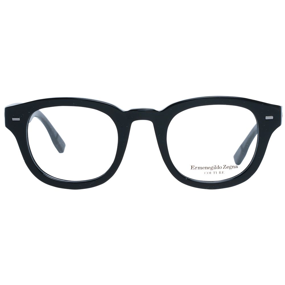 Ermenegildo Zegna Black Men Glasses Frame, round full-rim style, black plastic material with demo lenses, spring hinge, size 47-23-145.