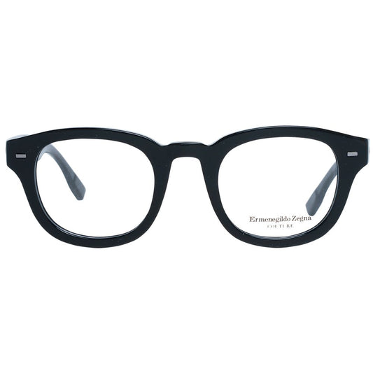 Ermenegildo Zegna Black Men Glasses Frame, round full-rim style, black plastic material with demo lenses, spring hinge, size 47-23-145.