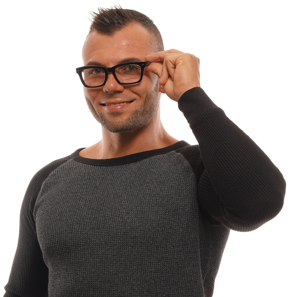 Man wearing Ermenegildo Zegna Black Men Glasses Frame with black full-rim plastic trapezium frame.