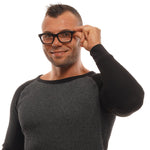 Man wearing Ermenegildo Zegna Black Men Glasses Frame with black full-rim plastic trapezium frame.