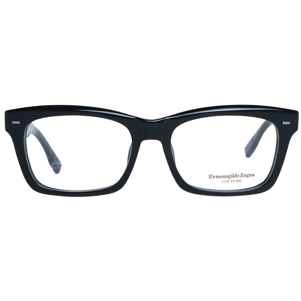 Ermenegildo Zegna Black Men Glasses Frame in full-rim trapezium style, black plastic with 56-18-150 dimensions, spring hinge included.