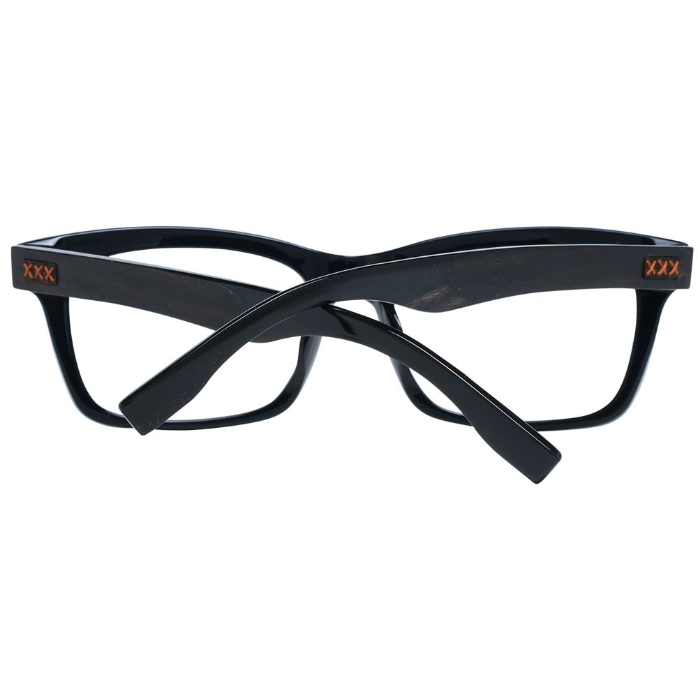 Ermenegildo Zegna Black Men Glasses Frame in black plastic, full-rim trapezium style with demo lenses and branded case included.