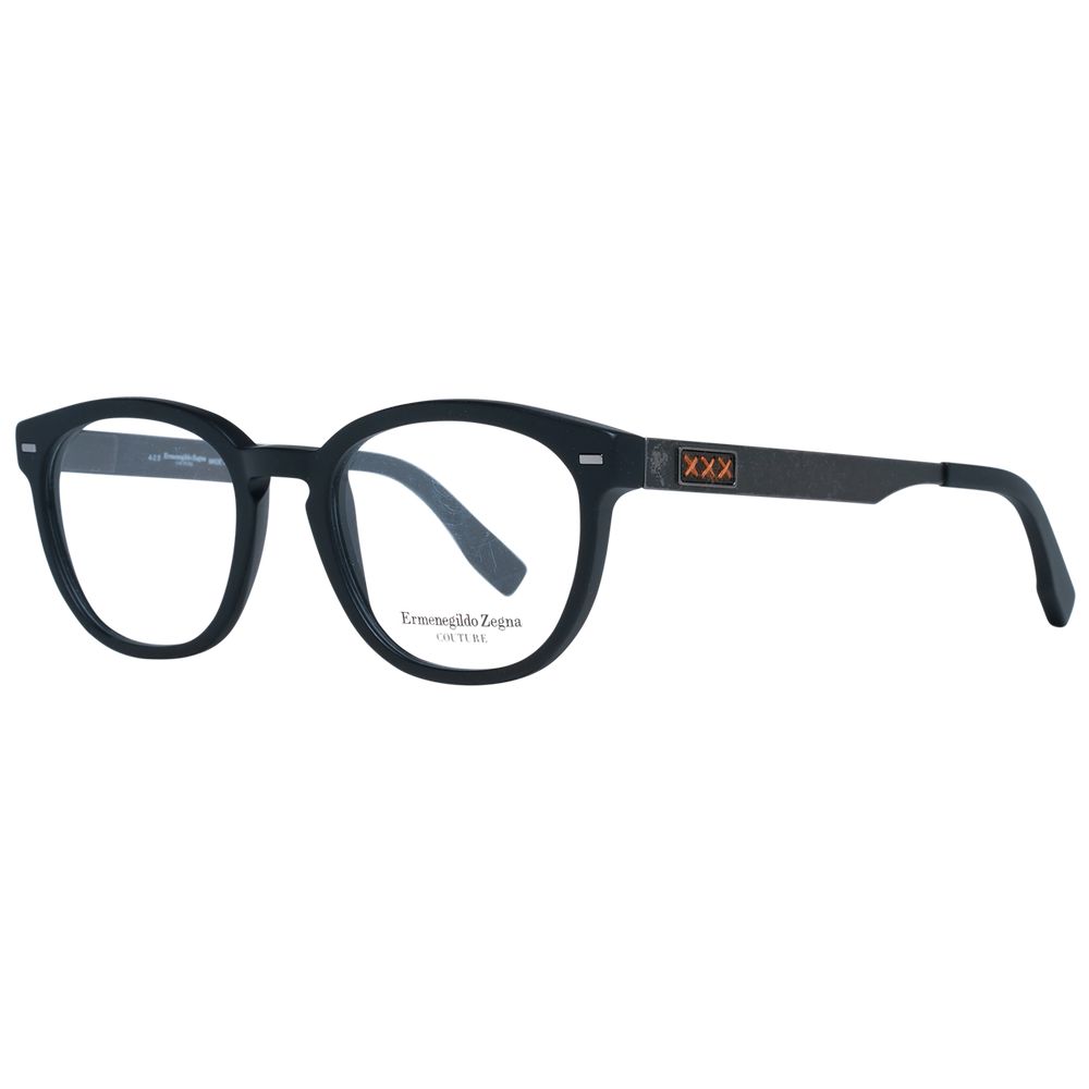 Ermenegildo Zegna Black Men Glasses Frame, full-rim, plastic, round style, demo lenses, black color, size 50-19-145, with branded case.