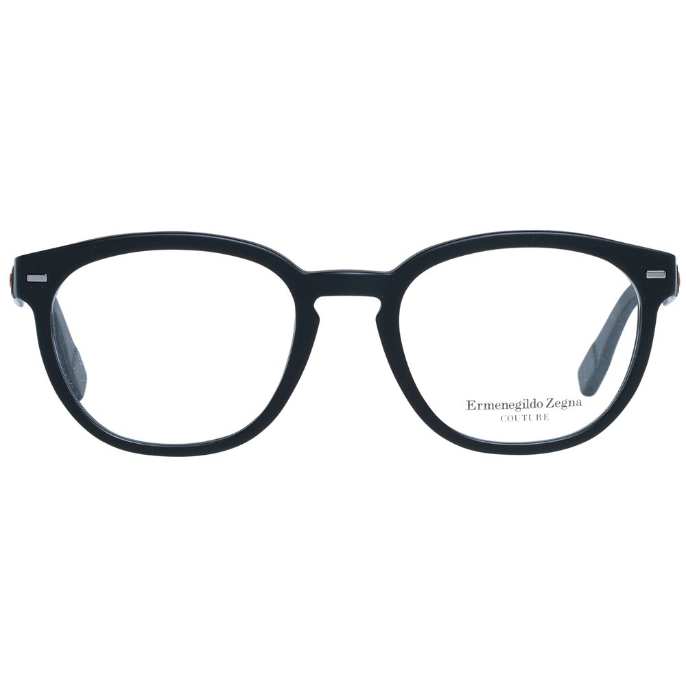 Ermenegildo Zegna Black Men Glasses Frame, round style, full-rim, black plastic with demo lenses, size 50-19-145, includes branded case.