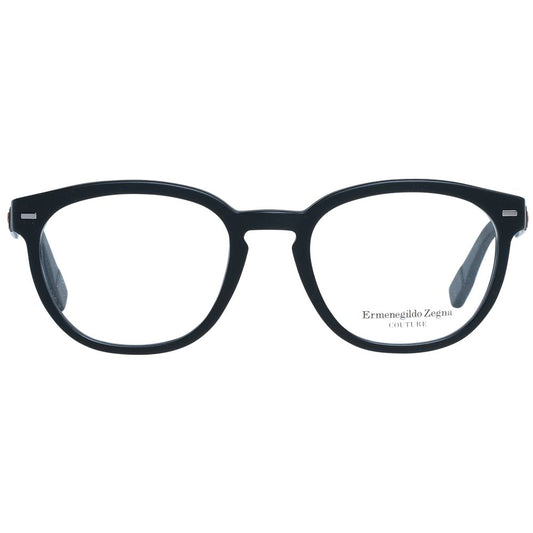 Ermenegildo Zegna Black Men Glasses Frame, round style, full-rim, black plastic with demo lenses, size 50-19-145, includes branded case.