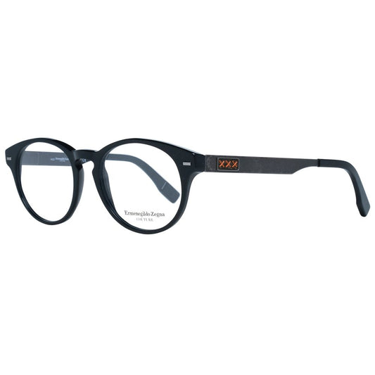 Ermenegildo Zegna Black Men Glasses Frame with round shape, full-rim black plastic design, demo lenses, sized 49-18-145.