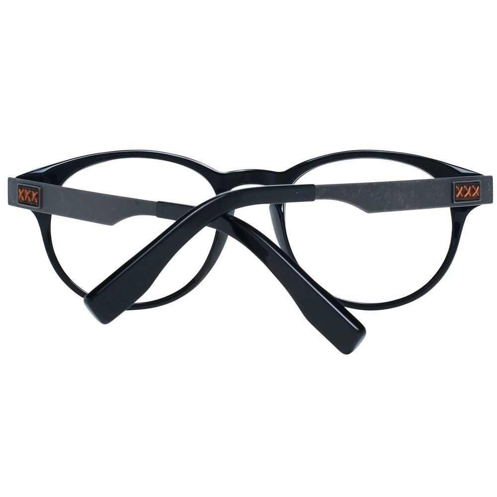 Ermenegildo Zegna Black Men Glasses Frame, full-rim round style, black plastic frame, demo lenses, 49-18-145 size, front view with case