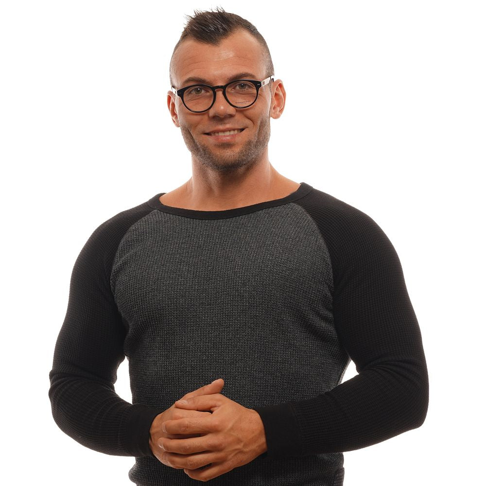 Man wearing Ermenegildo Zegna Black Men Glasses Frame, round style, full-rim, black plastic material, 49-18-145 size