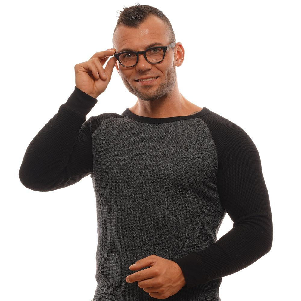 Man wearing Ermenegildo Zegna Black Men Glasses Frame, showcasing trapezium style, black plastic full-rim with demo lenses.