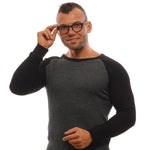 Man wearing Ermenegildo Zegna Black Men Glasses Frame, showcasing trapezium style, black plastic full-rim with demo lenses.