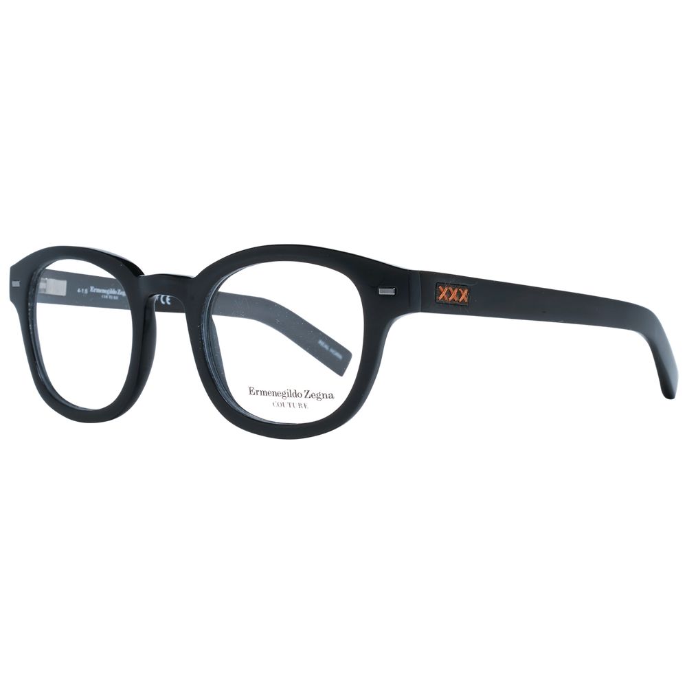 Ermenegildo Zegna Black Men Glasses Frame with round full-rim style, black horn material, demo lenses, and branded case included.