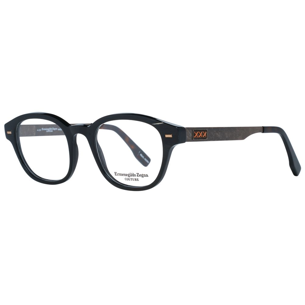Ermenegildo Zegna Black Men Glasses Frame, round style, full-rim, 48-20-145 size, black horn material, includes branded case.