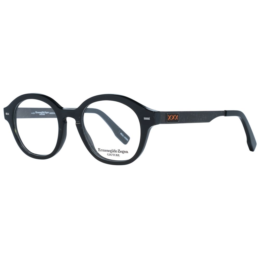 Ermenegildo Zegna Black Men Glasses Frame in black horn material, full-rim, round style, 48-19-145 size with demo plastic lenses.