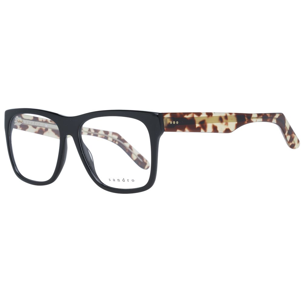 Sandro Black Men Glasses Frame, acetate material, full-rim style, trapezium shape, demo lenses, 54mm width, 15mm bridge, 145mm temples.