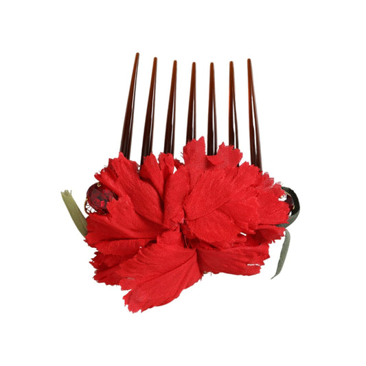 Dolce & Gabbana Red Silk Floral Gold Brass Women Hair Comb SMY10337