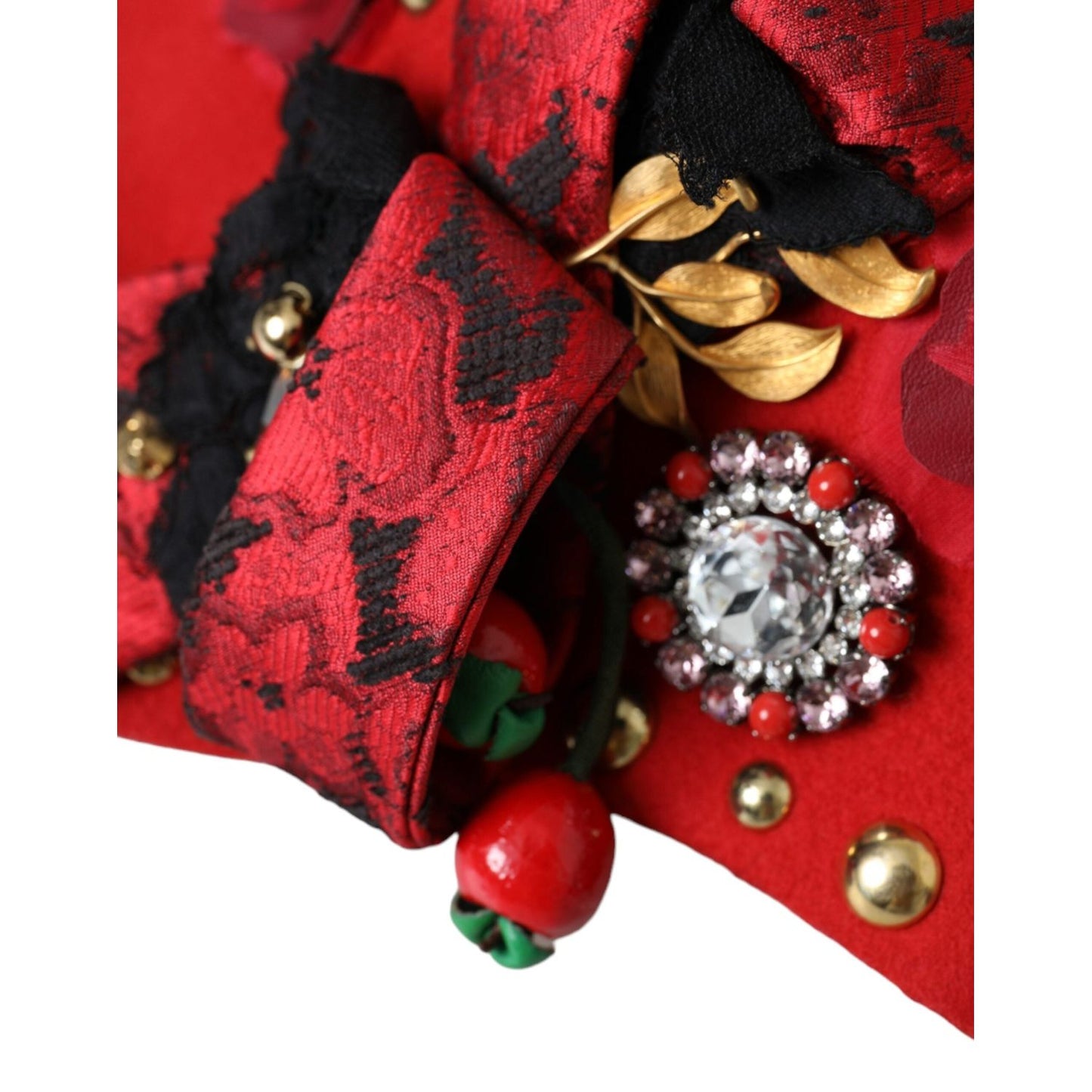 Dolce & Gabbana Red Crystal Gold Roses Brooch Embellished Hat HAT9631