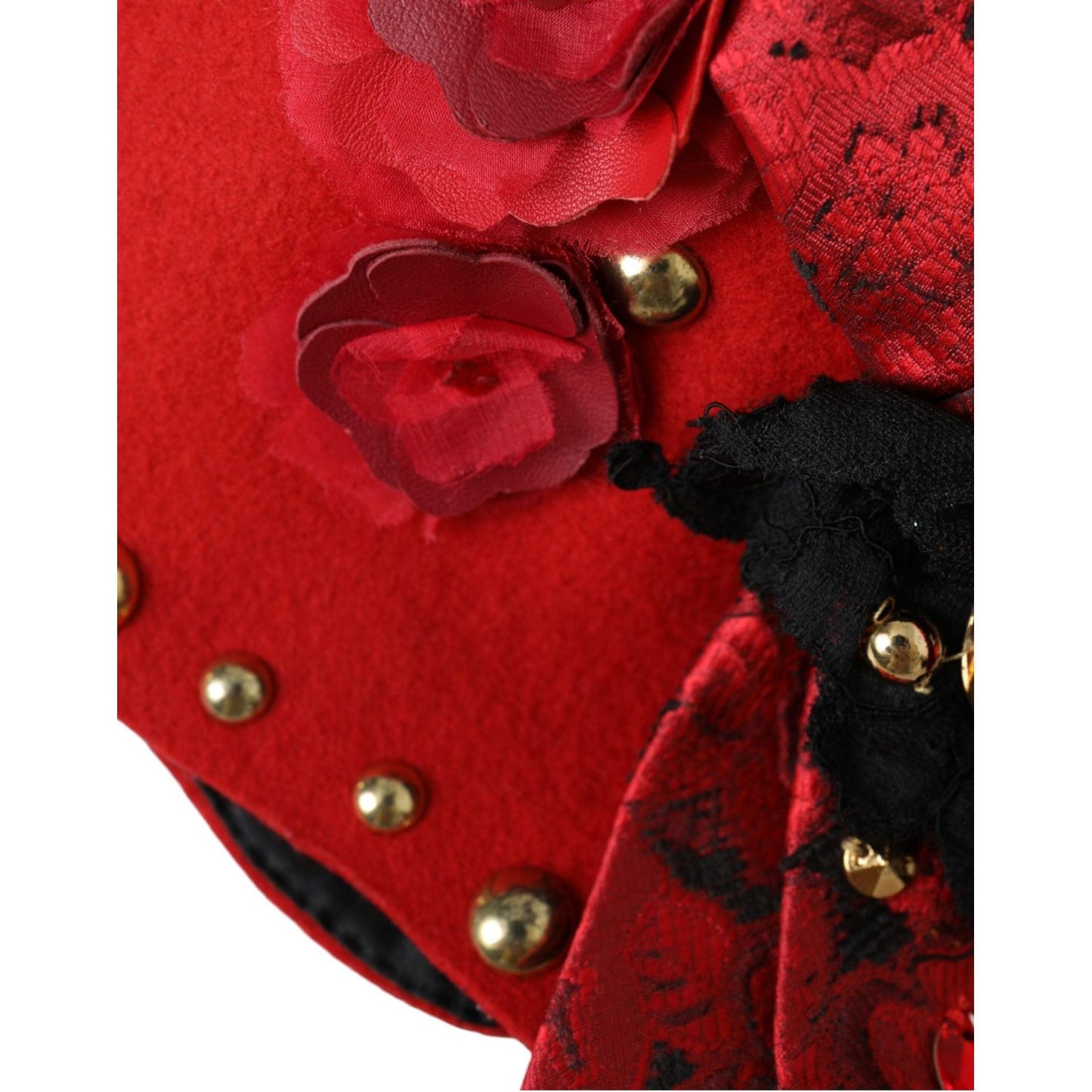 Dolce & Gabbana Red Crystal Gold Roses Brooch Embellished Hat HAT9631