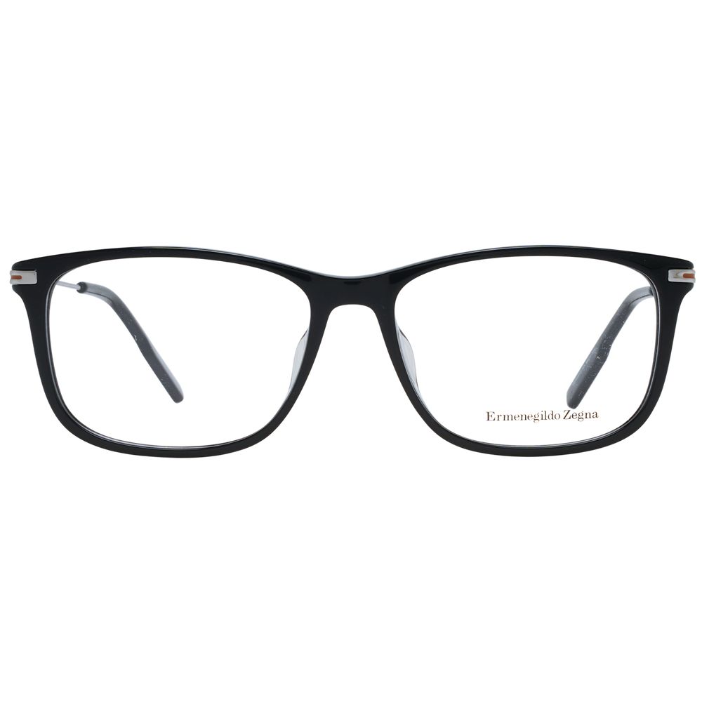 Ermenegildo Zegna Black Men Glasses Frame in full-rim black plastic with demo lenses, includes branded case, model size 56-16-145.