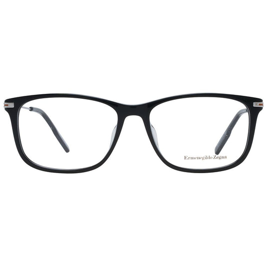 Ermenegildo Zegna Black Men Glasses Frame in full-rim black plastic with demo lenses, includes branded case, model size 56-16-145.